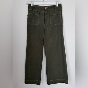 Maeve Olive Green Cropped Wide-Leg Pants with Contrast Stitching